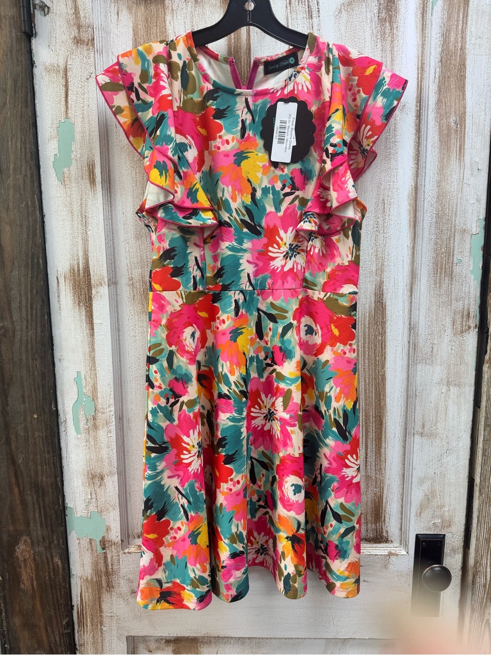 Woman’s Floral Ruffle Dress - Pink Multicolor fun and colorful